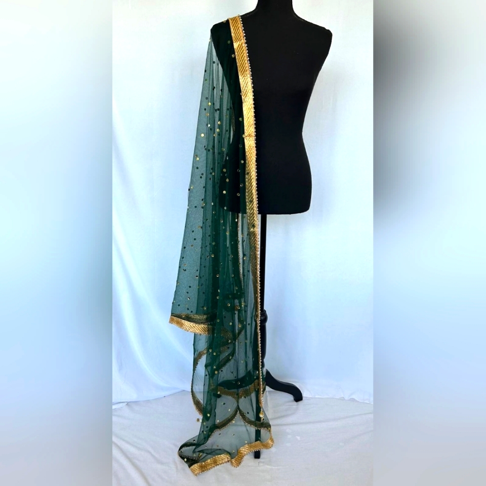 Net Dupatta With Mirrors/Attached With Gold Bead Border /Chunni